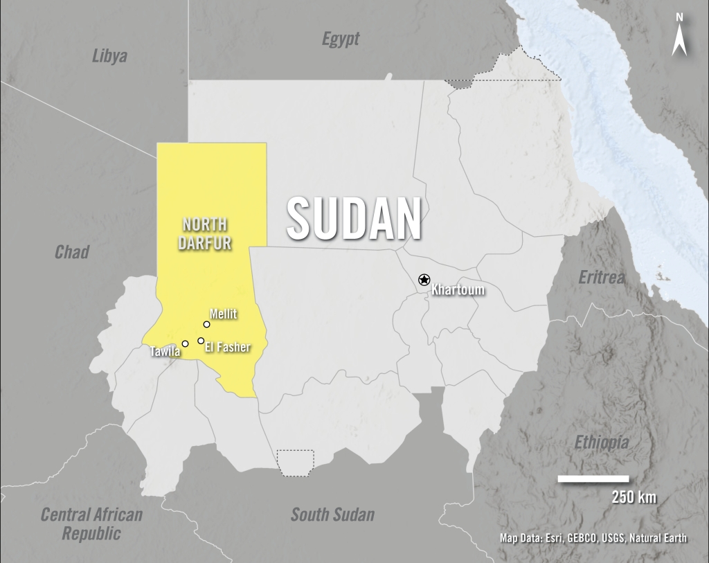 Kort over Sudan med blandt andet hovedstaden Khartoum og Norddarfur med byen El Fasher er markeret.